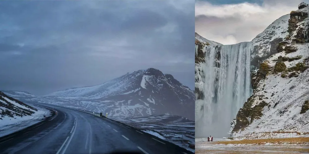 Winterliche Bergstraße und gefrorener Wasserfall