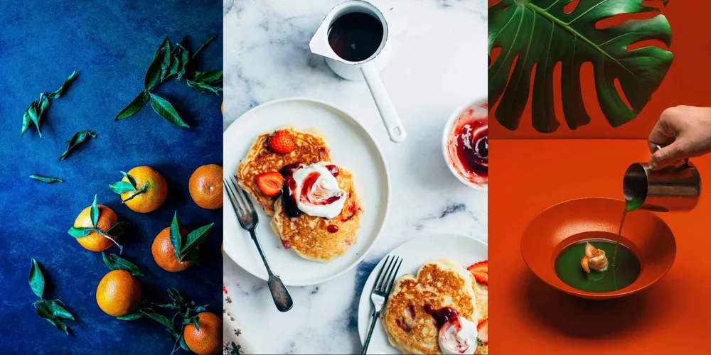 Food-Fotografie mit unterschiedlichen farbigen Hintergründen